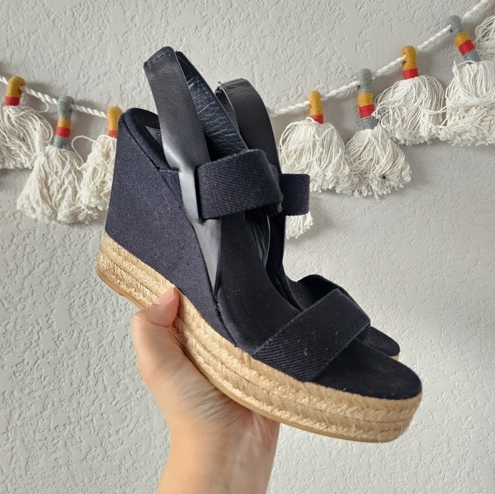 Tory Burch Espadrille Wedge Slingback Black Canvas Sandal Boho Chic Comfort 10 - Picture 2 of 11